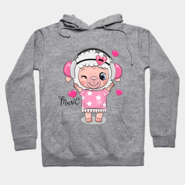 Cute little lamb in a pink dress and headphones. Hoodie by Reginast777